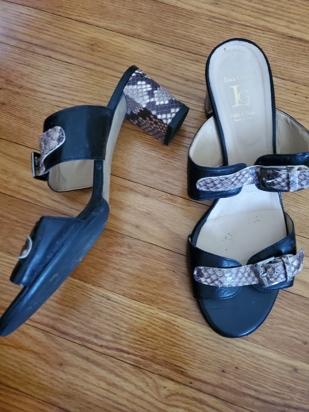 Luca Grossi  Handmade Black Mules with Snake-Print Strap and Block Heel Sz 9